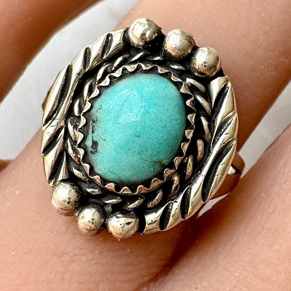 Navajo Turquoise‎ Ring Sz 9.5 Sterling Begay Native American Tooled Rope Bezel